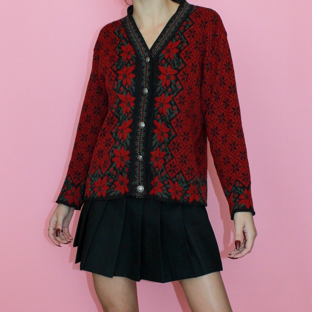 VTG 90s Red/Black Nordic Style Holiday Button-Up Cardigan Sweater Size Small